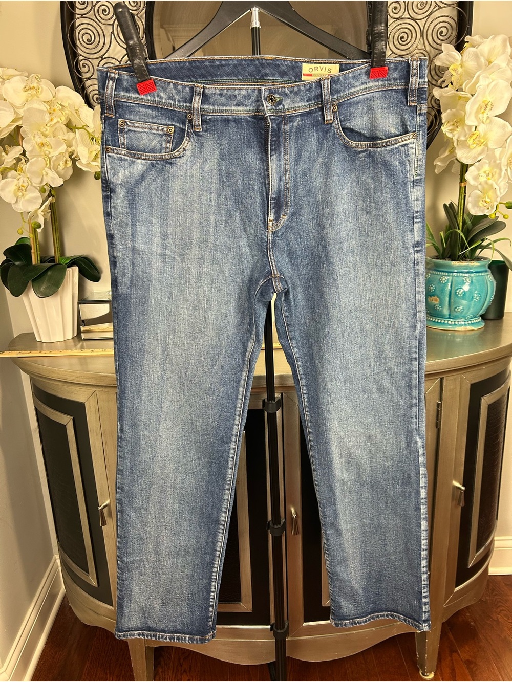 Orvis 1856 Five Pocket Jeans Mens Blue Straight Leg Stretch Denim Made Colombia